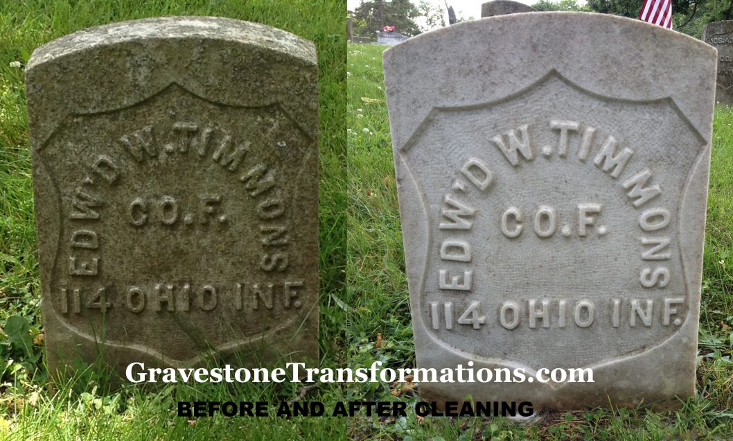 Gravestone Transformations, Mark Smith, historic cemetery preservationist, Peebles, Adams County, Ohio, provided conservation services to preserve the monument of Edward W. Timmons, Forest Cemetery, Pickaway County, Circleville, Ohio.