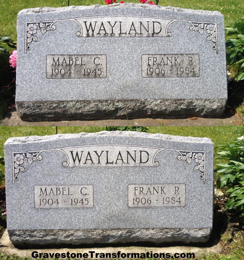 Gravestone Transformations, Mark Smith, historic cemetery preservationist, Peebles, Adams County, Ohio, provided conservation services to preserve the monument of Frank and Mabel Wayland, Greenlawn Cemetery, Ross County, Frankfort, Ohio.