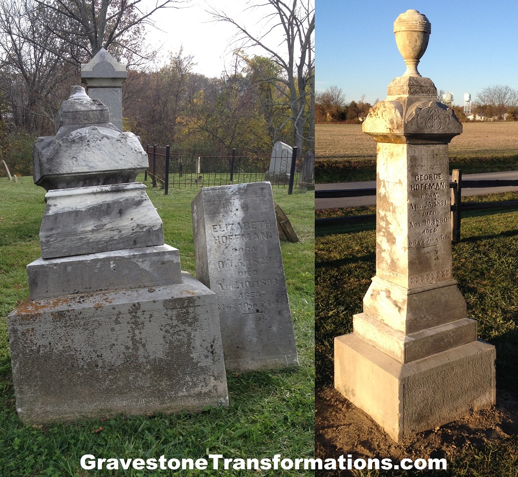 Gravestone Transformations, Mark Smith, historic cemetery preservationist, Peebles, Adams County, Ohio, provided conservation services to preserve the monument of George and Elizabeth Hoffman, Zion Cemetery, Pickaway County, Circleville, Ohio.