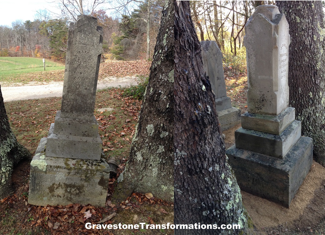 Gravestone Transformations, Mark Smith, historic cemetery preservationist, Peebles, Adams County, Ohio, provided conservation services to preserve the monument of John Moore and William Moore, Grant Moore Cemetery, Hocking County, Ohio.