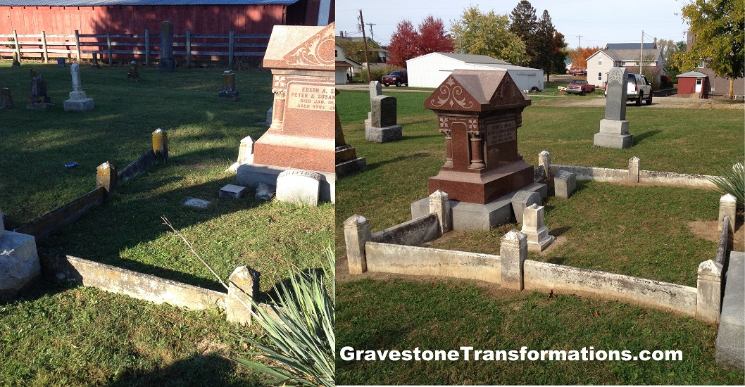 Gravestone Transformations, Mark Smith, historic cemetery preservationist, Peebles, Adams County, Ohio, provided conservation services to preserve the monument of Peter Meyers, Susan Meyers, Edson Myers, Heidelberg Church Cemetery, Fairfield County, Stoutsville, Ohio.