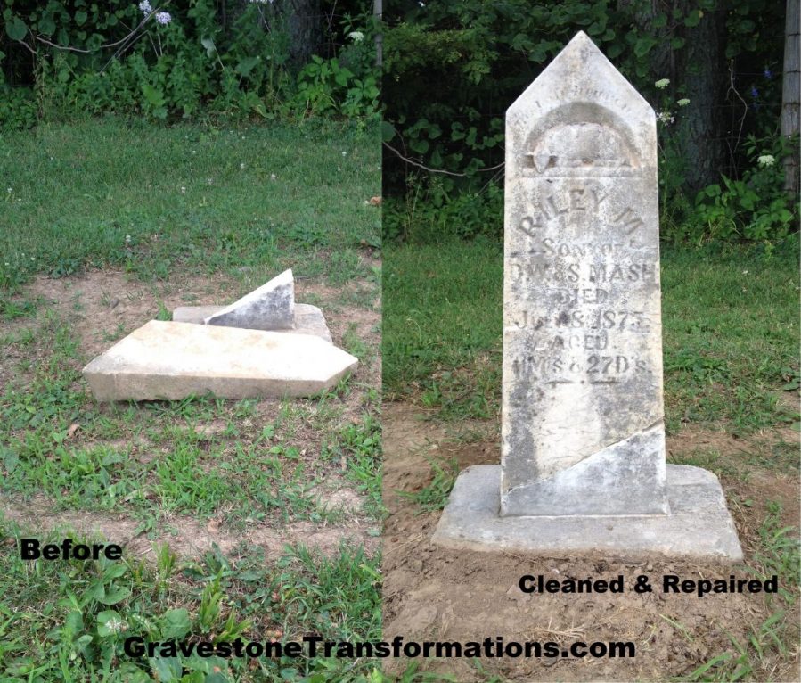 Gravestone Transformations, Mark Smith, historic cemetery preservationist, Peebles, Adams County, Ohio, provided conservation services to preserve the monument of Riley Mash, Browns Chapel Cemetery, Ross County, Clarksburg, Ohio.