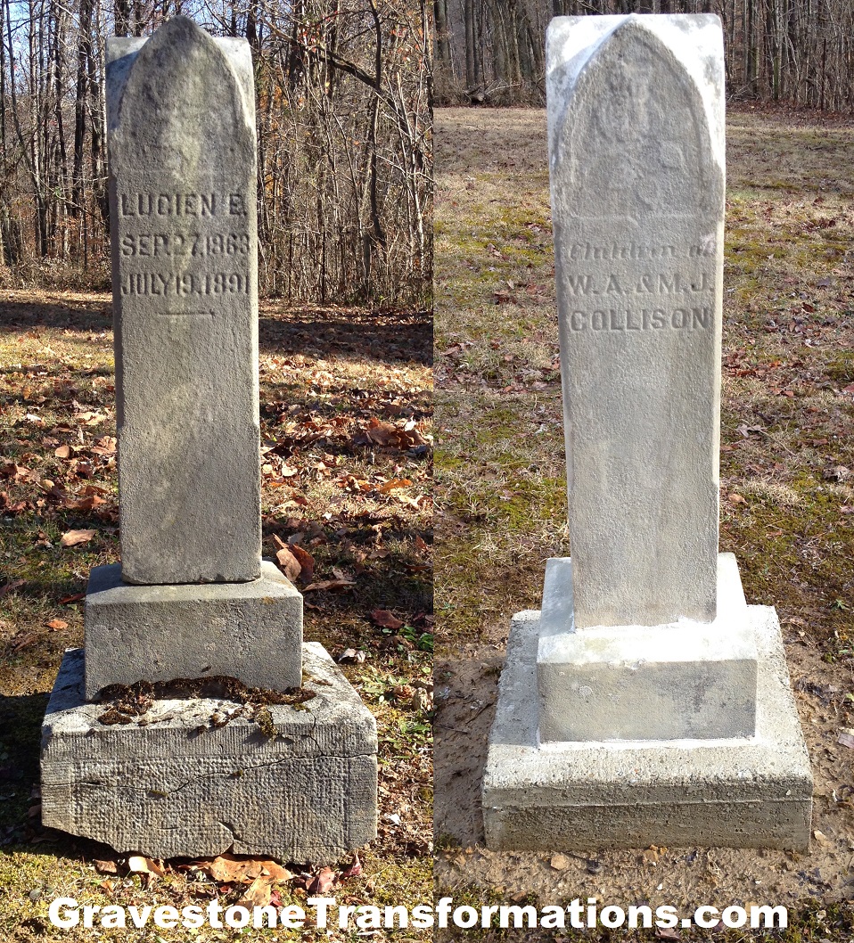 Gravestone Transformations, Mark Smith, historic cemetery preservationist, Peebles, Adams County, Ohio, provided conservation services to preserve the monument of Lucien Colloson and Arthur Colloson, Oak Grove Cemetery, Hocking County, Ohio.