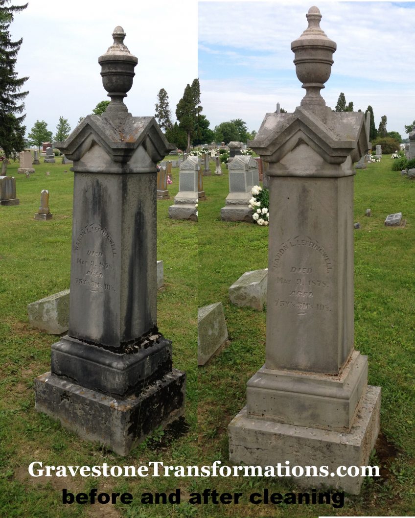 Gravestone Transformations, Mark Smith, historic cemetery preservationist, Peebles, Adams County, Ohio, provided conservation services to preserve the monument of Baron Lee and Mary Boyd Leffingwell, Browns Chapel Cemetery, Ross County, Clarksburg, Ohio.