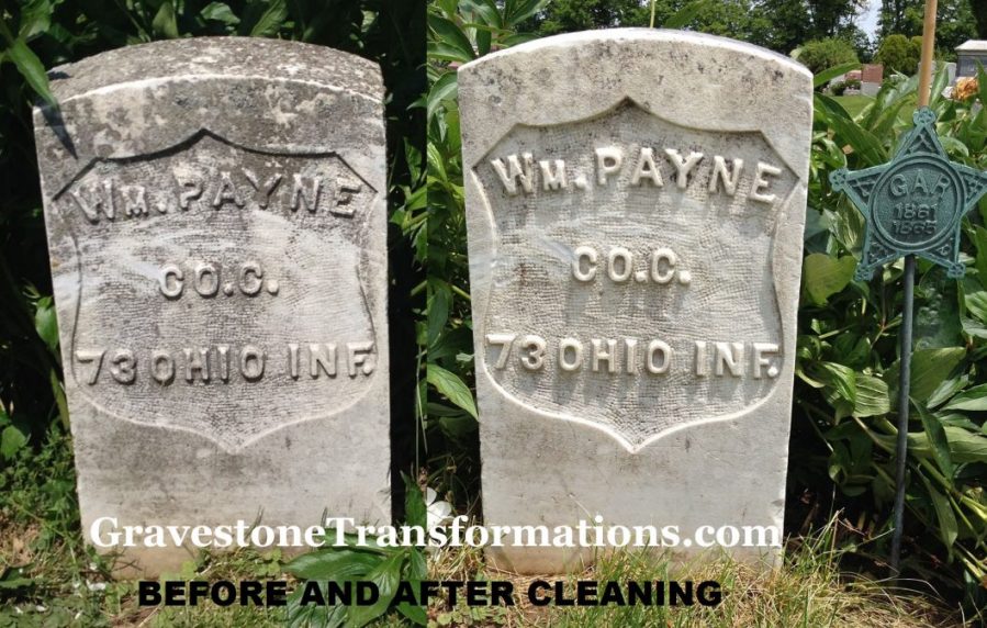 Gravestone Transformations, Mark Smith, historic cemetery preservationist, Peebles, Adams County, Ohio, provided conservation services to preserve the monument of William Payne, Veterans Monument, Browns Chapel Cemetery, Ross County, Clarksburg, Ohio.