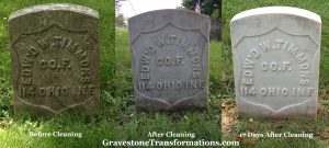 Gravestone Transformations, Mark Smith, historic cemetery preservationist, Peebles, Adams County, Ohio, provided conservation services to preserve the monument of Edward W. Timmons, Forest Cemetery, Pickaway County, Circleville, Ohio.