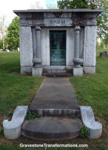 Gravestone Transformations, Mark Smith, historic cemetery preservationist, Peebles, Adams County, Ohio, provided conservation services to preserve the monument of Baum Mausoleum, Forest Cemetery, Pickaway County, Circleville, Ohio.