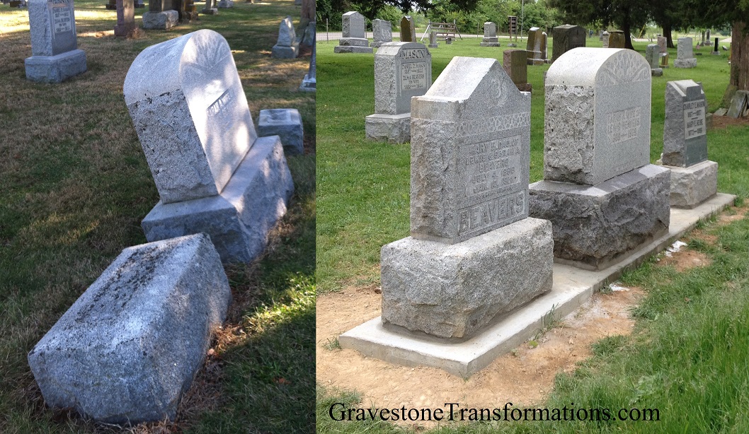 Gravestone Transformations, Mark Smith, historic cemetery preservationist, Peebles, Adams County, Ohio, provided conservation services to preserve the monument of Beavers family plot, Presbyterian Cemetery, Pickaway County, Commercial Point, Ohio.