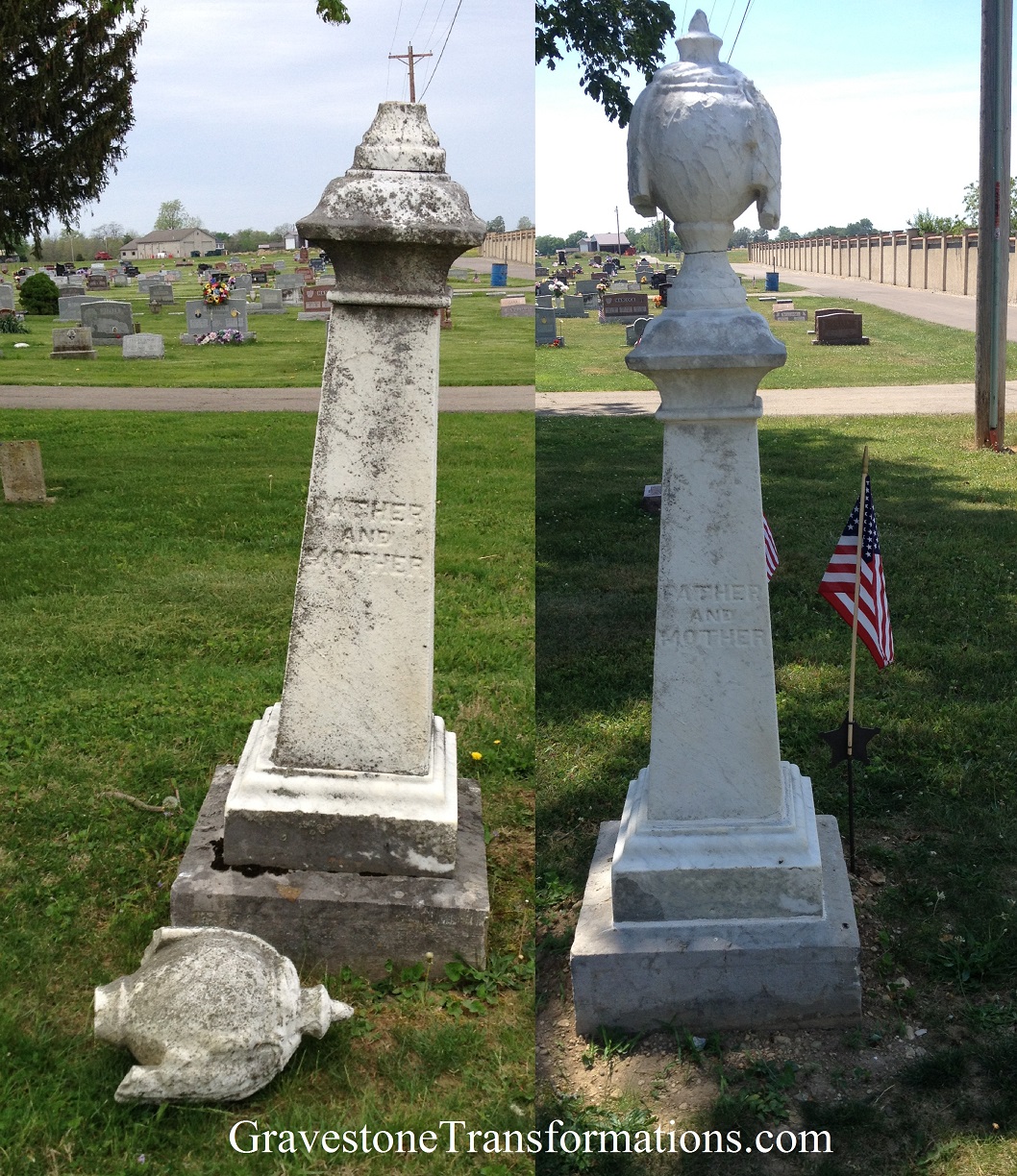 Gravestone Transformations, Mark Smith, historic cemetery preservationist, Peebles, Adams County, Ohio, provided conservation services to preserve the monument of George and Rachel Plumb, Beckett Cemetery, Pickaway County, Commercial Point, Ohio.