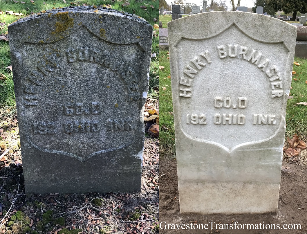 Gravestone Transformations, Mark Smith, historic cemetery preservationist, Peebles, Adams County, Ohio, provided conservation services to preserve the monument of Henry Burmaster, Graceland Cemetery, Shelby County, Ohio.
