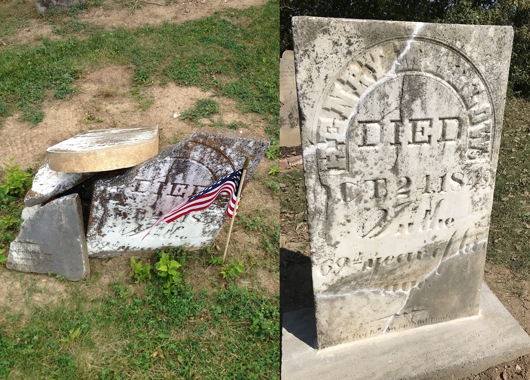 Gravestone Transformations, Mark Smith, historic cemetery preservationist, Peebles, Adams County, Ohio, provided conservation services to preserve the monument of Henry Mallow, Mallow-Hegler Cemetery, Ross County, Frankfort, Ohio.