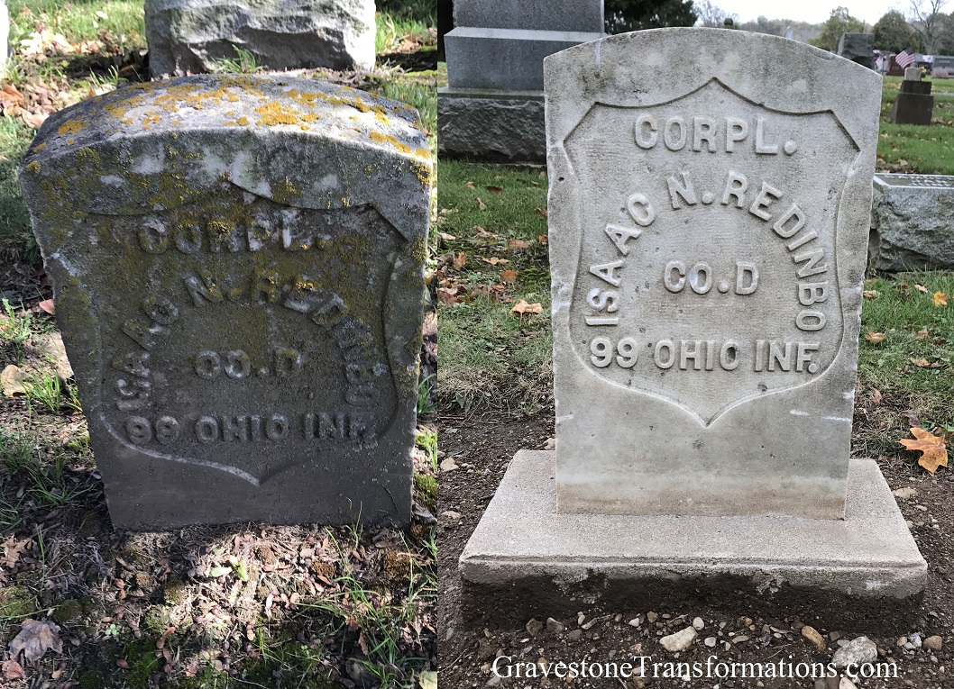 Gravestone Transformations, Mark Smith, historic cemetery preservationist, Peebles, Adams County, Ohio, provided conservation services to preserve the monument of Isaac Redinbo, Graceland Cemetery, Shelby County, Ohio.