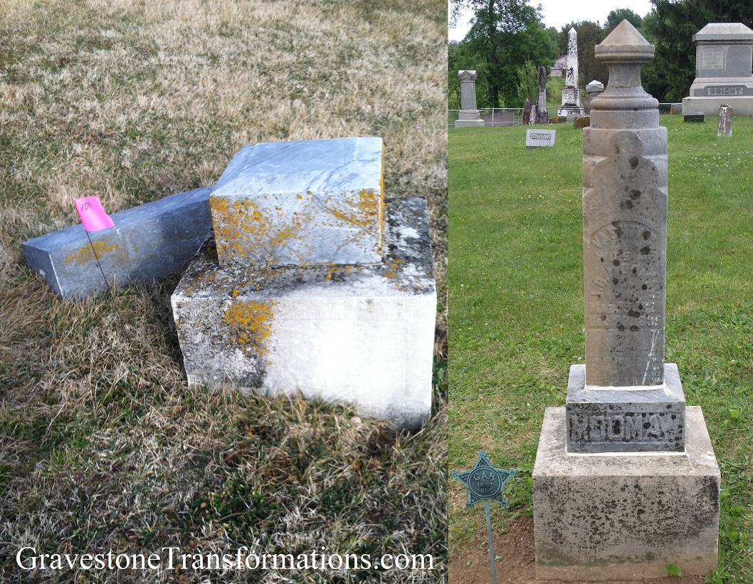 Gravestone Transformations, Mark Smith, historic cemetery preservationist, Peebles, Adams County, Ohio, provided conservation services to preserve the monument of Jacob and Vashtie Moomaw, South Salem Cemetery, Ross-County, South Salem, Ohio.