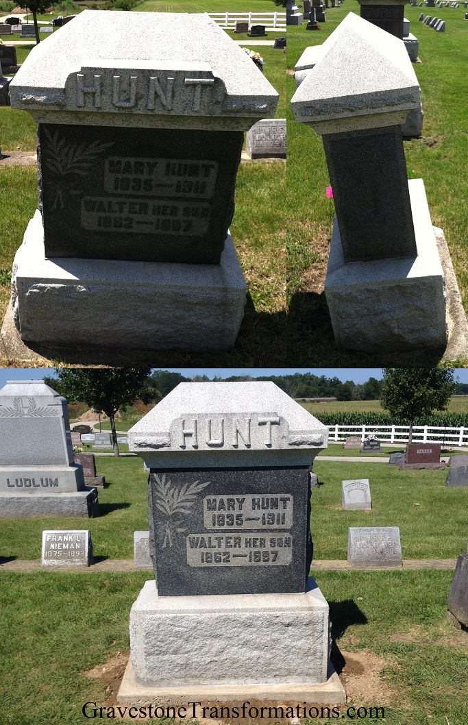Gravestone Transformations, Mark Smith, historic cemetery preservationist, Peebles, Adams County, Ohio, provided conservation services to preserve the monument of Mary Hunt, and son, Walter Hunt, Pearl Cemetery, Shelby County, Ohio.
