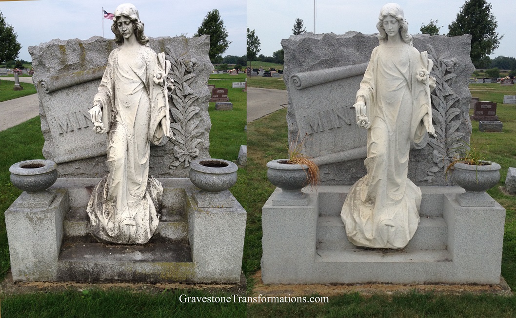 Gravestone Transformations, Mark Smith, historic cemetery preservationist, Peebles, Adams County, Ohio, provided conservation services to preserve the monument of William and Clara Minton, Minton Statue, Pearl Cemetery, Shelby County, Ohio.