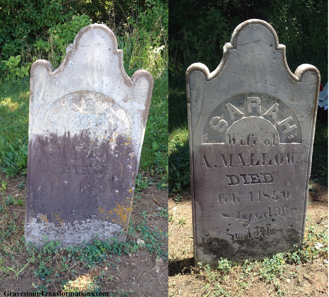Gravestone Transformations, Mark Smith, historic cemetery preservationist, Peebles, Adams County, Ohio, provided conservation services to preserve the monument of Sarah Mallow, Mallow-Hegler Cemetery, Ross County, Frankfort, Ohio.
