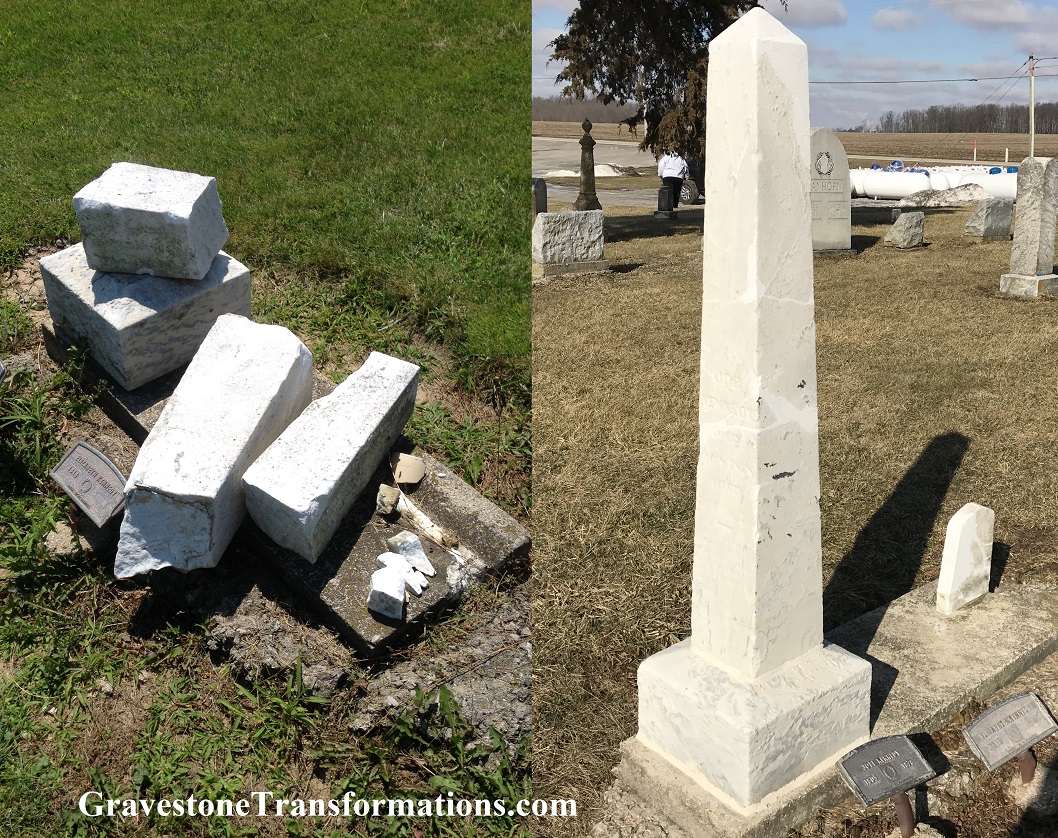 Gravestone Transformations, Mark Smith, historic cemetery preservationist, Peebles, Adams County, Ohio, provided conservation services to preserve the monument of Job and Elizabeth Kennedy, VanHorn Cemetery, Logan County, Ohio.