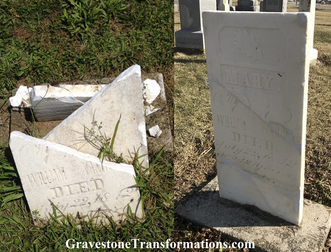 Gravestone Transformations, Mark Smith, historic cemetery preservationist, Peebles, Adams County, Ohio, provided conservation services to preserve the monument of Nancy Perry-VanHorn, VanHorn Cemetery, Logan County, Ohio.